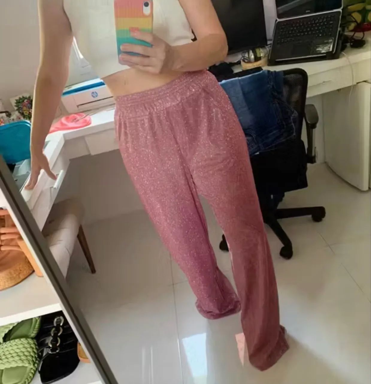 Calça wide leg Glitter rosa