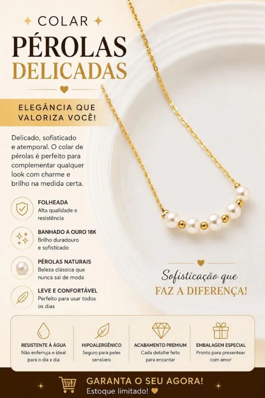 Colar pérolas delicadas folheado 