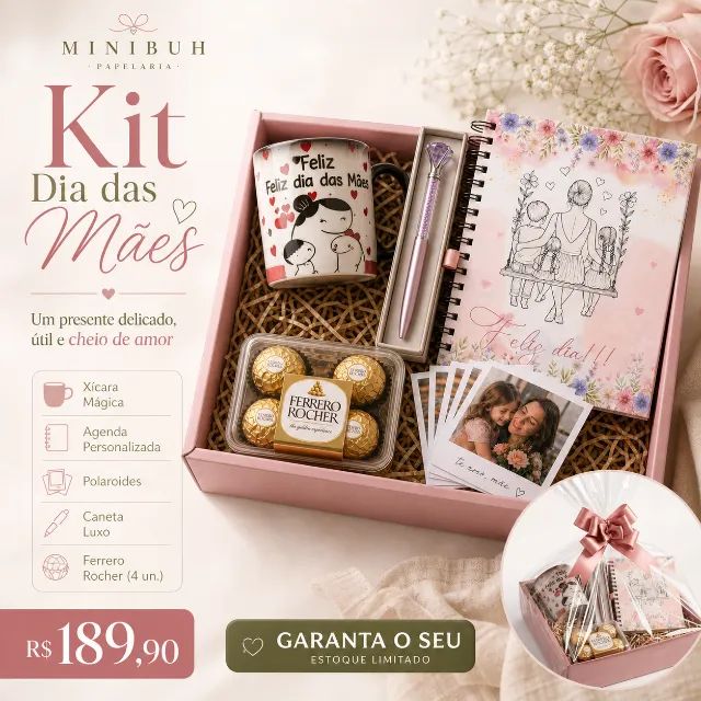 Kit Dia das Mães Personalizado com Xícara Mágica, Agenda, Polaroides, Caneta e Chocolate