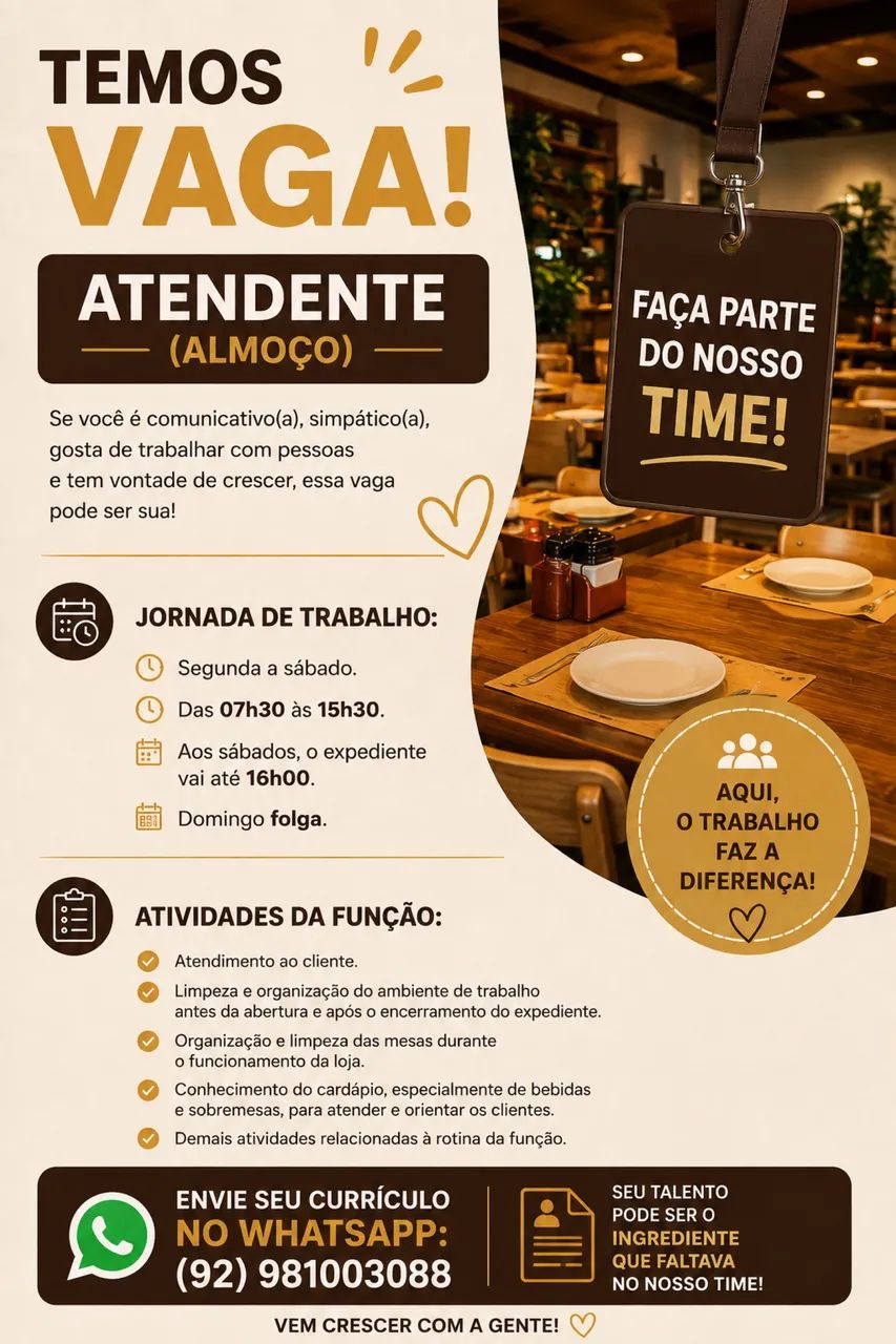 VAGA DE ATENDENTE DE RESTAURANTE 