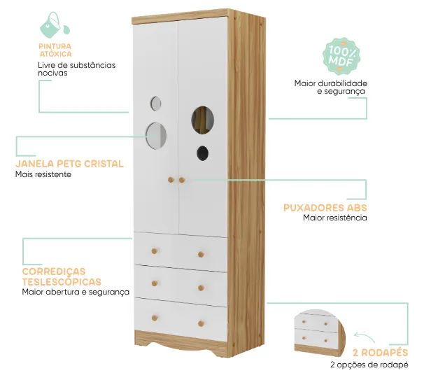 Roupeiro Bolinha 2 Portas, 100% MDF - Peroba