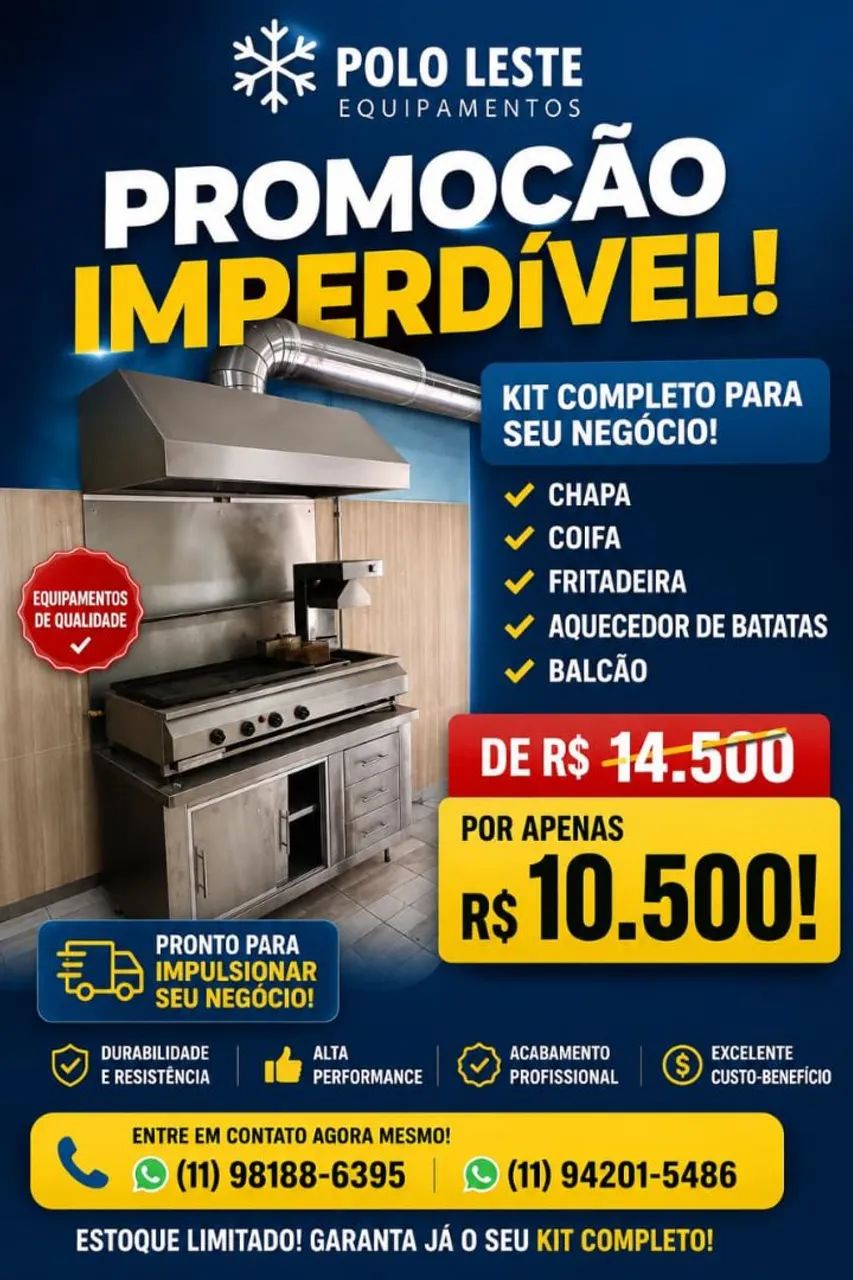 Kit completo coifa chapa fritadeira e balcão 