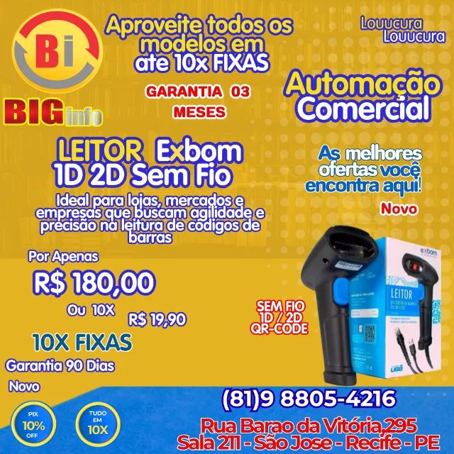 Leitor De Código De Barras 1d  2d Sem Fio Laser Ultra Rápido - Em ate 10x Fixas 