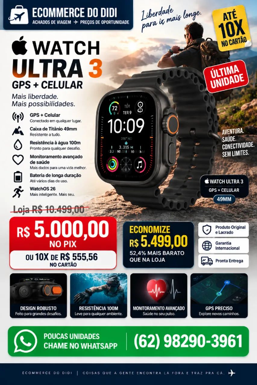 Apple Watch Ultra 3 GPS Cellular 49mm Titânio Preto Novo Lacrado