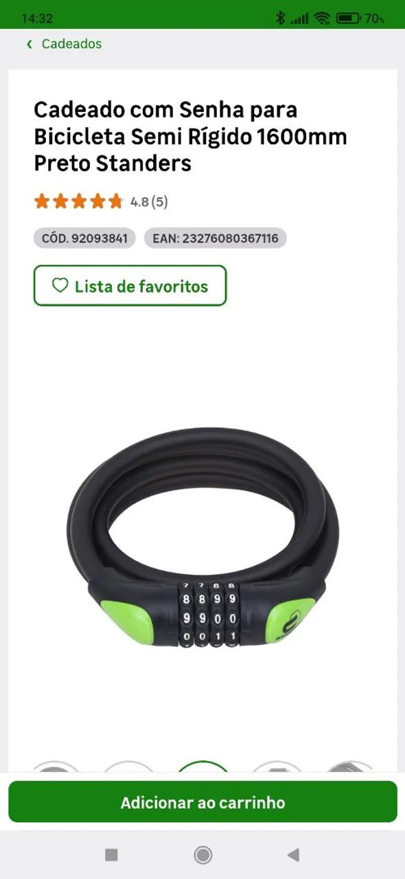 Cadeado com Senha para Bicicleta Semi Rígido 1600mm Preto Standers - Foto 3
