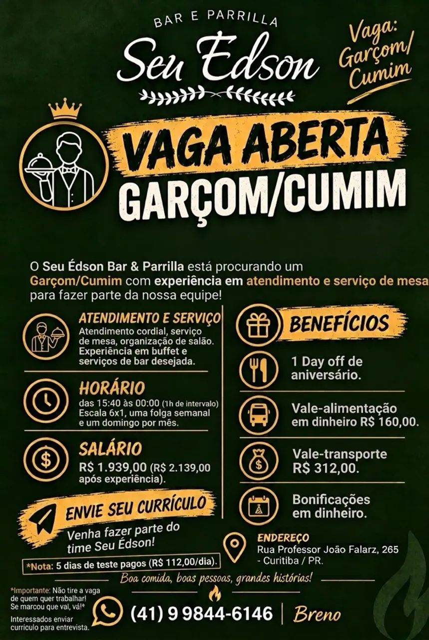 Vaga para garçom BAIRRO ORLEANS 