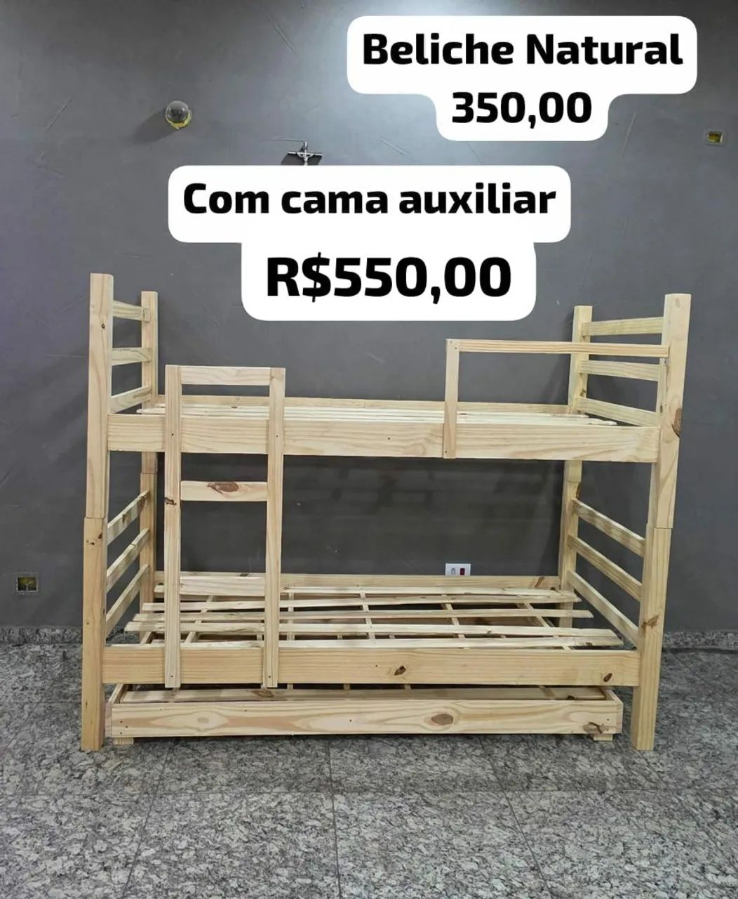 Beliche com cama auxiliar  de Madeira Maciça de Eucalipto em rústico tratado. <br>