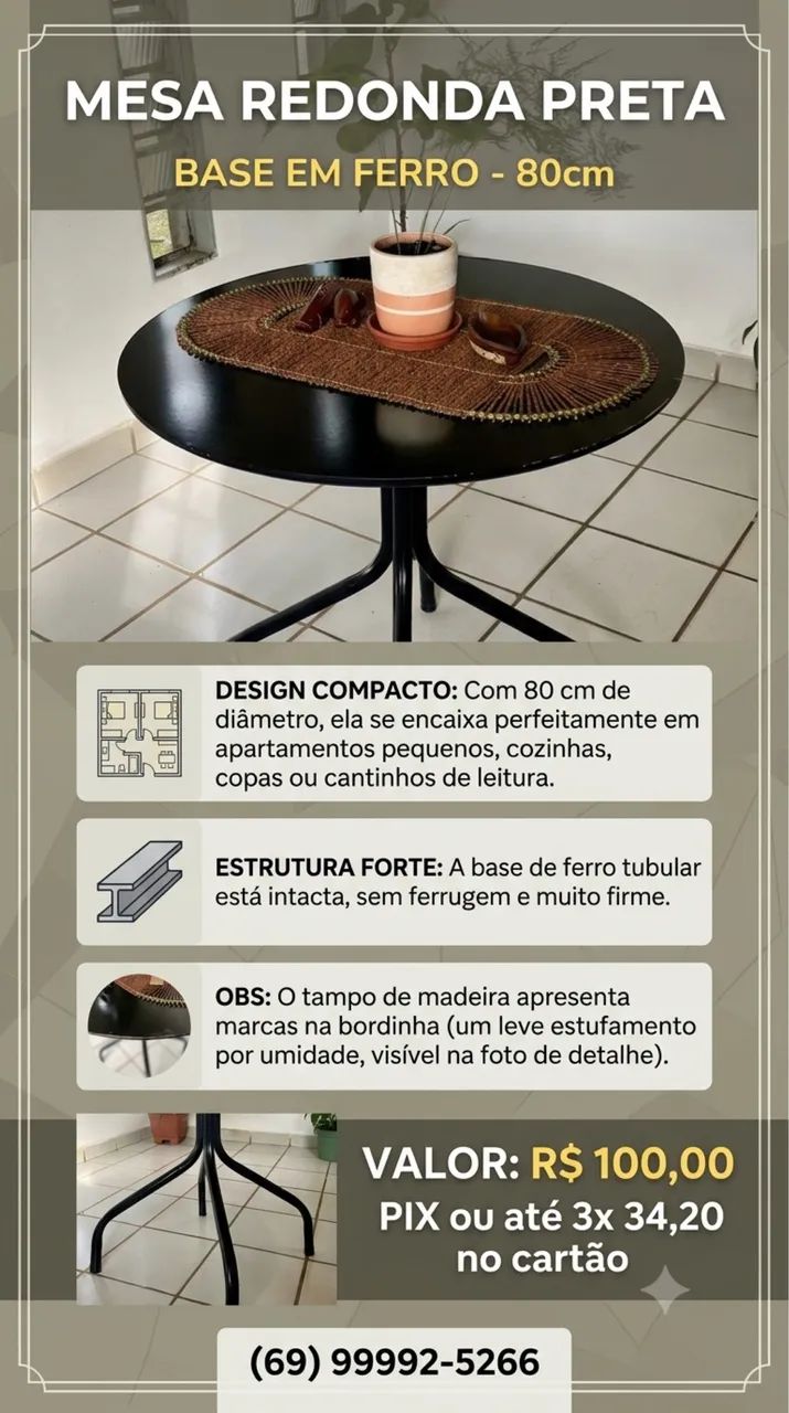 Mesa Redonda Preta - Base em Ferro - 80cm - Foto 3