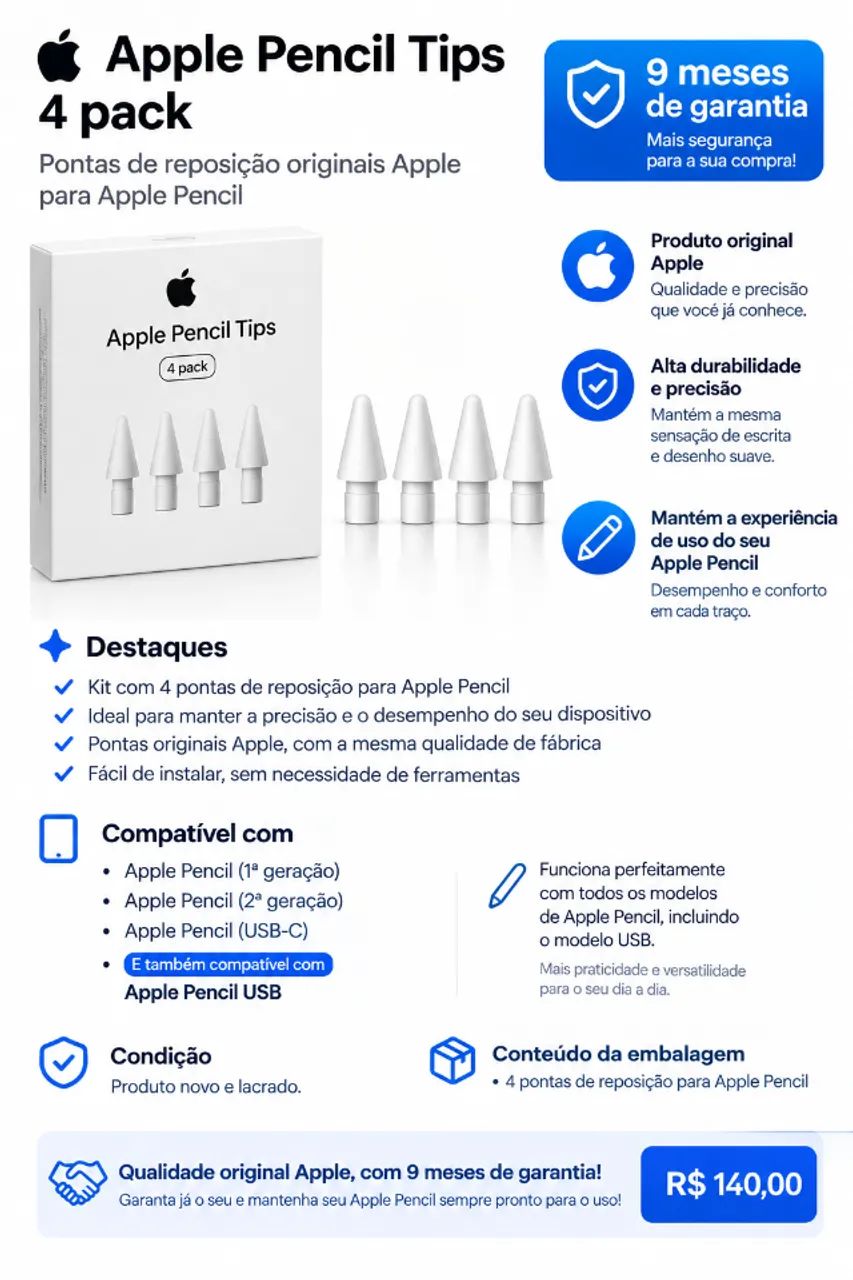 Apple Pencil Tips - 4 pack 100% Original Com Nota Fiscal na Garantia
