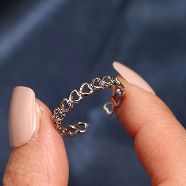 Anel Ajustável com Corações Banhado a Prata Feminino Anéis Acessórios bijouterias fina