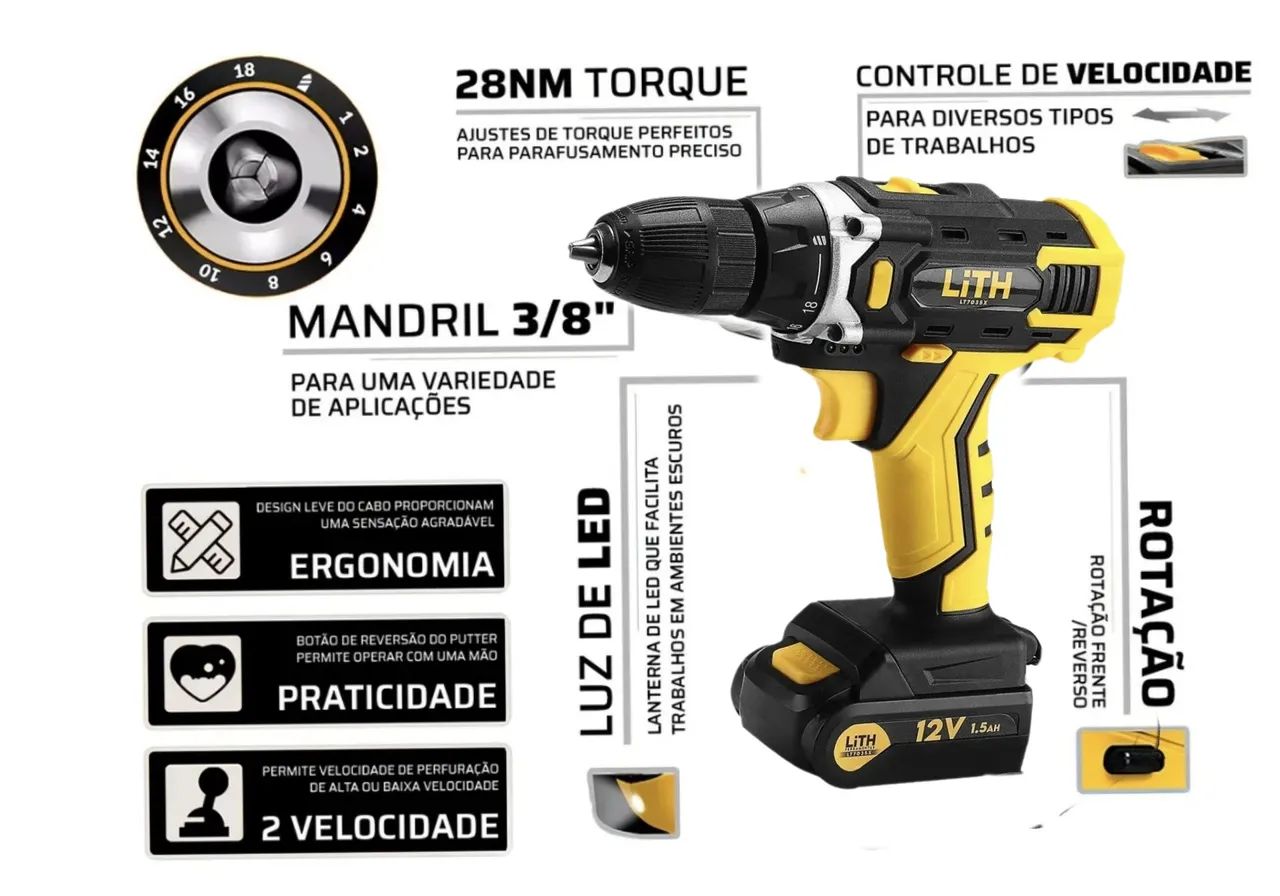 Parafusadeira/Furadeira com Maleta completa 1500mAh Bivolt 12V (nova) - Foto 5