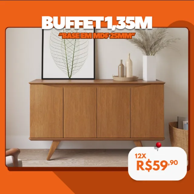 Buffet Moderno com 4 Portas e Pés de Madeira Maciça - Oferta de Mostruário