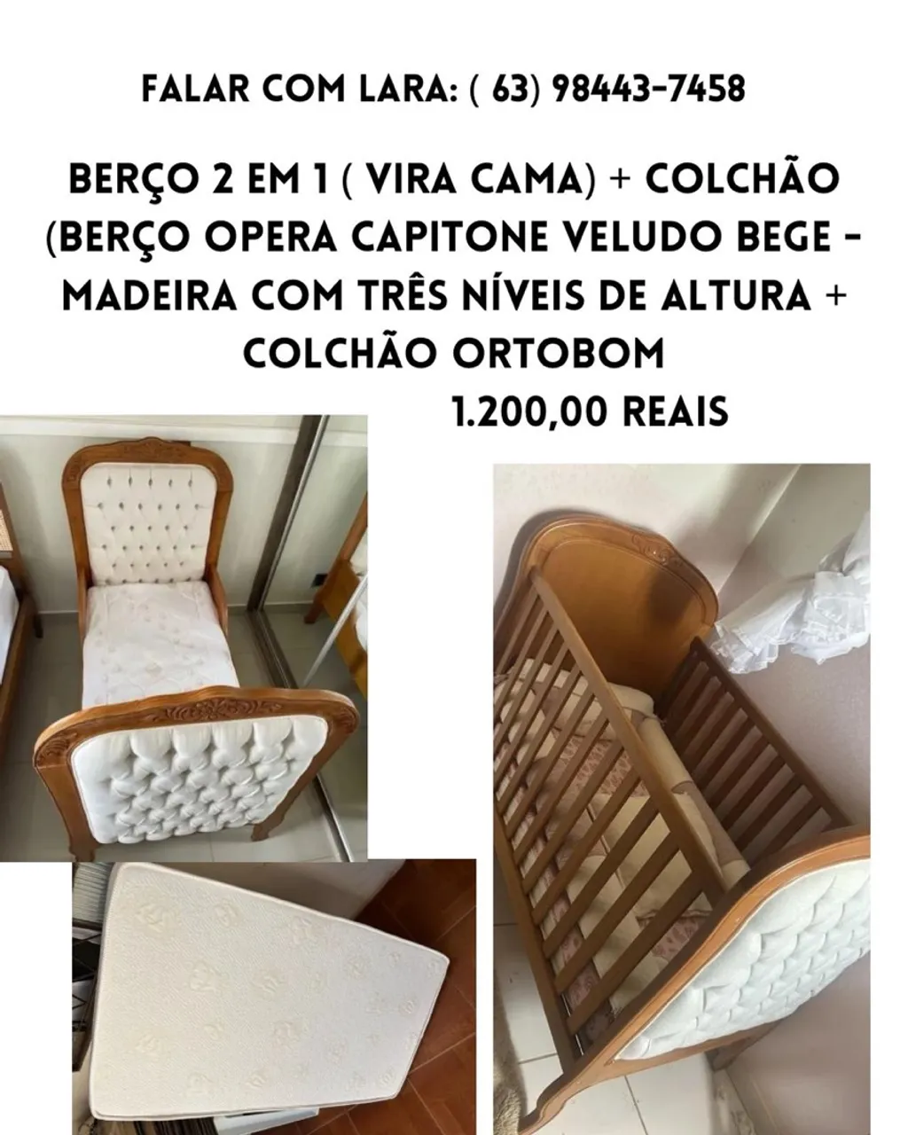Berço 2 em 1 (Vira Cama) + Colchão Ortobom