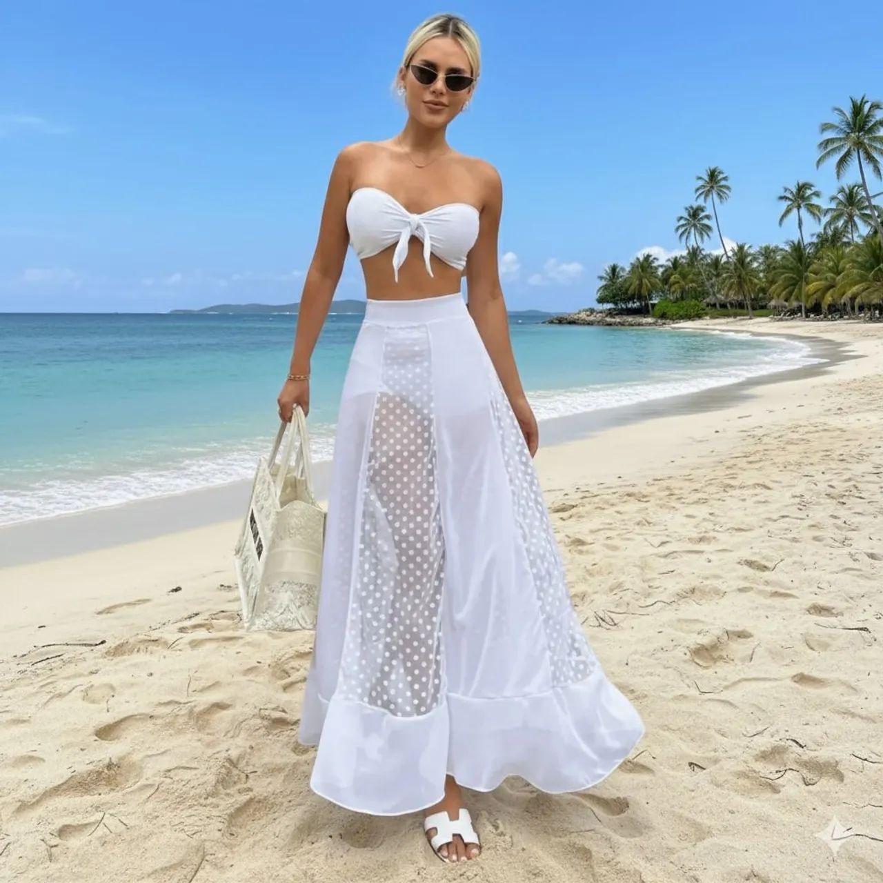Conjunto Peças Tule Poá Branco Réveillon e Praia Roupas