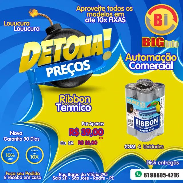 Kit 4x Ribbon Cera 110x60 Premium  para Impressora Zebra Elgin Godex Argox