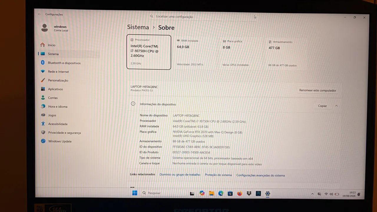 Acer Predator (RTX 2070 64Ram)
