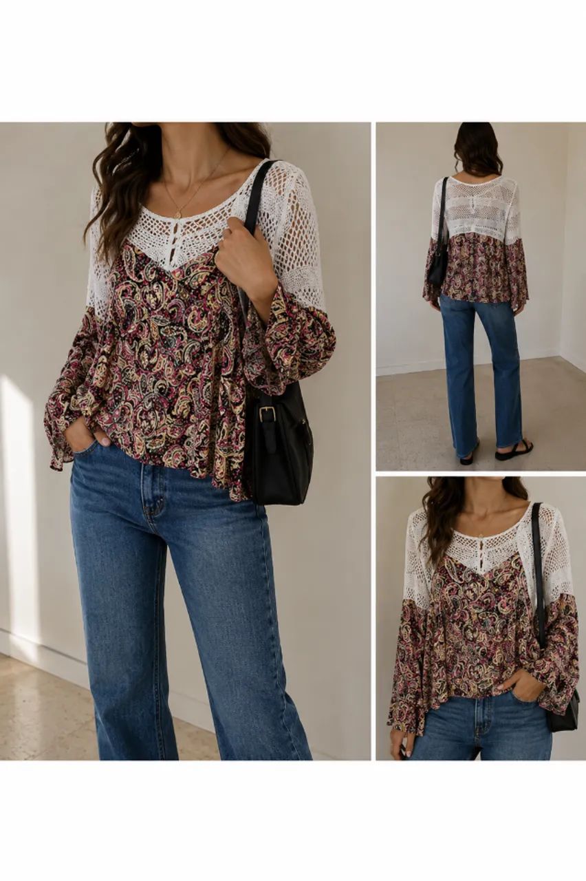 Blusa florida com detalhe de renda