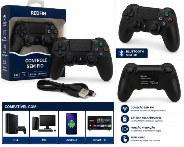 Controle Sem Fio Bluetooth Compatível PS4, PC, Android e Smart TV