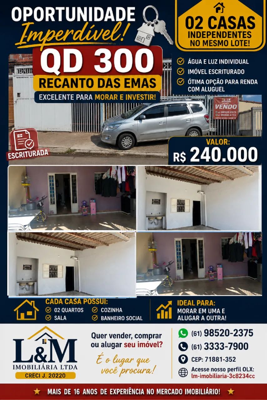 OPORTUNIDADE NO RECANTO DAS EMAS - QD 300