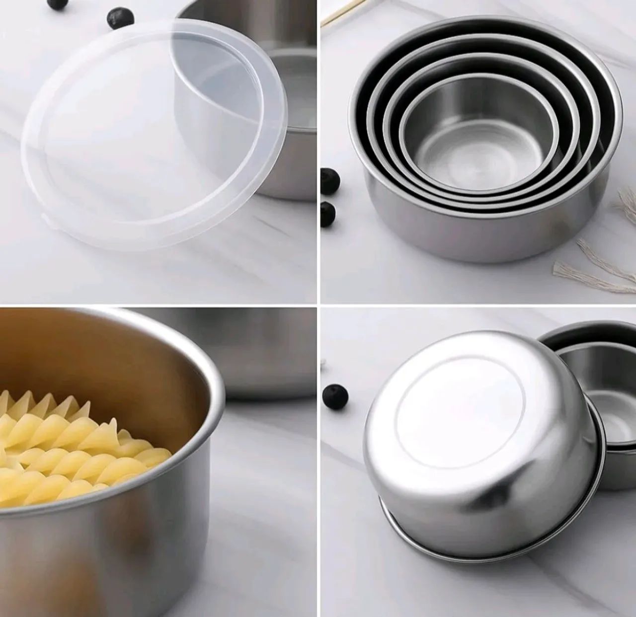 05 potes em inox com tampa plástica 