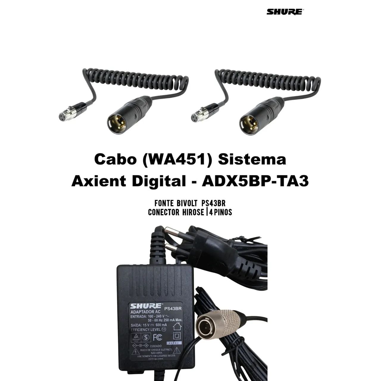 2 Cabos XLR + Fonte Bivolt Shure Original Para o Receptor de Microfone Sem Fio ADX5D 