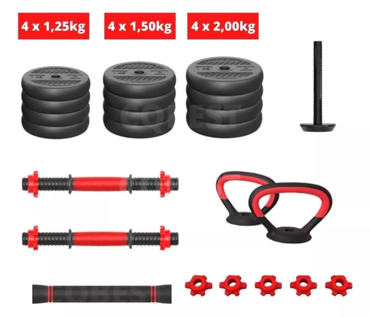Kit de Musculação Completo - Halteres, Barra, Anilhas e Kettlebell