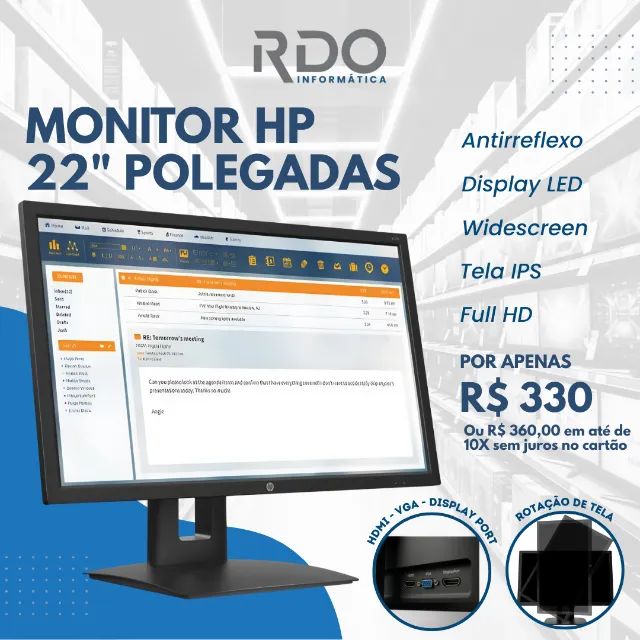 Monitor HP 22? IPS Full HD HDMI DP Antirreflexo - Alta qualidade!