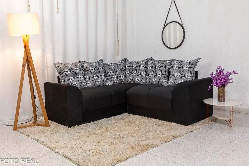 Sofá de Canto 5 Lugares Veludinho Preto