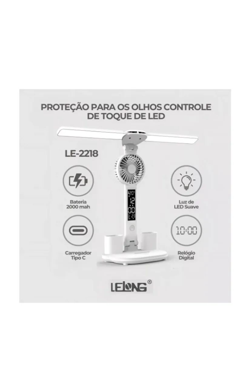 LUMINARIA VENTILADOR RELOGIO DIGITAL RECARREGAVEL LELONG LE-2218 - Foto 2