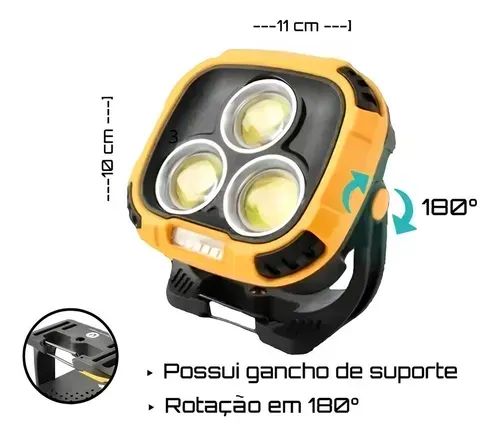 Lanterna Refletor Led Recarregável 30w 3cor Led Portátil Top Lanterna Amarelo Luz Branco - Foto 2