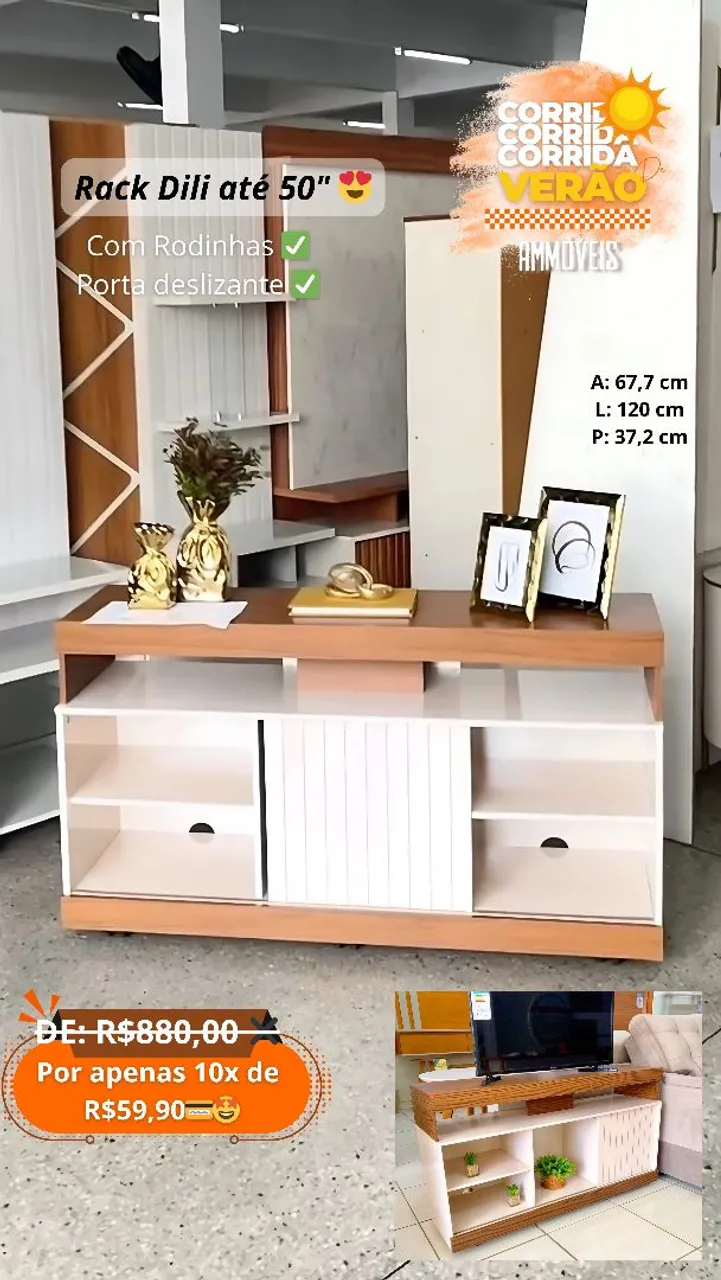 Rack Dili até 50" Com Rodinhas e Porta Deslizante