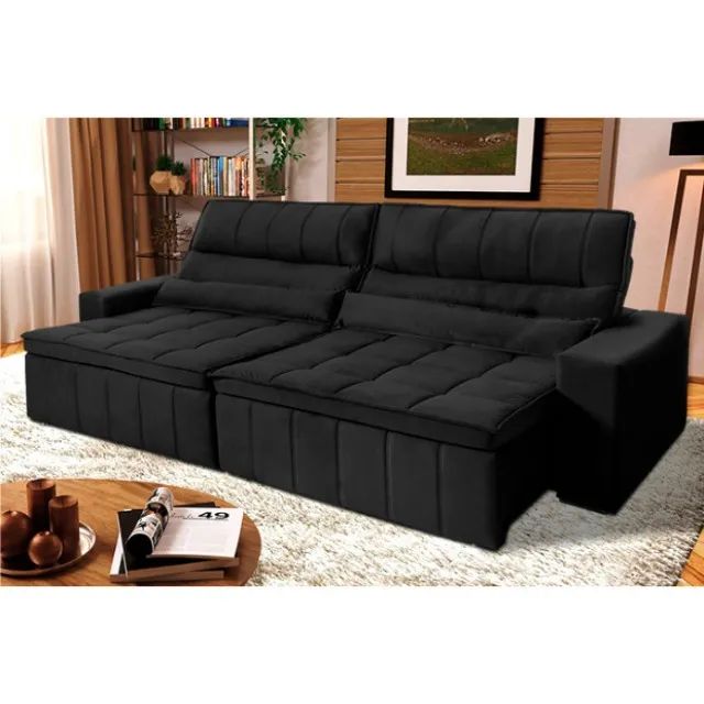 Sofá Retrátil Reclinável Supremo Suede Velut Na Cor Preta 