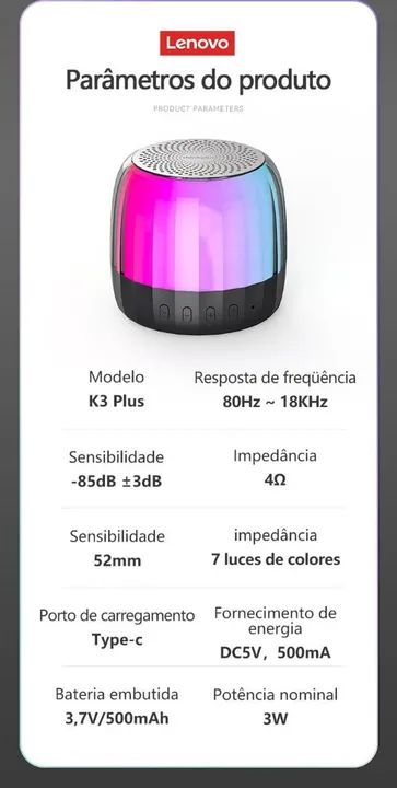 Caixa de Som Bluetooth Lenovo K3 Plus com 360° de Som e Luzes LED - Foto 5