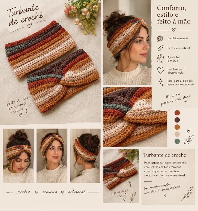 Turbante de crochê listrado em tons terrosos - Foto 4