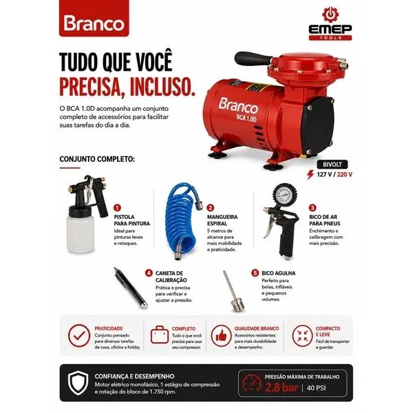 Compressor de Ar Branco BCA 1.0D Bivolt 40 PSI - Foto 3