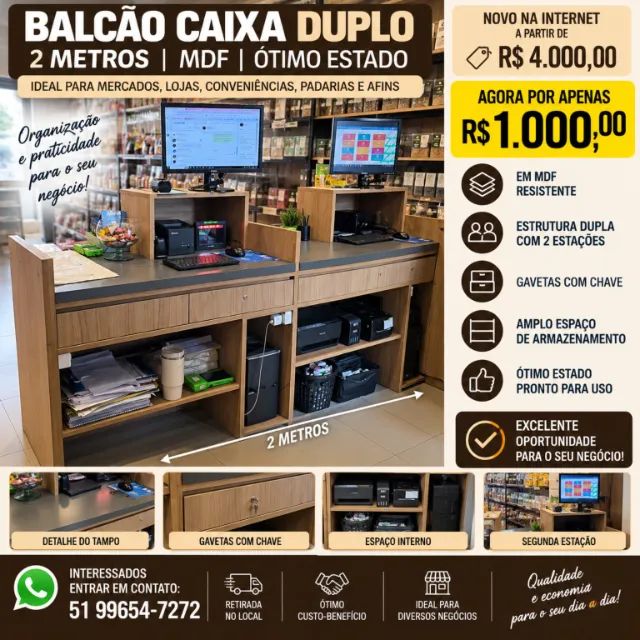 Balcão Caixa Duplo MDF 2 Metros para Loja e Mercado