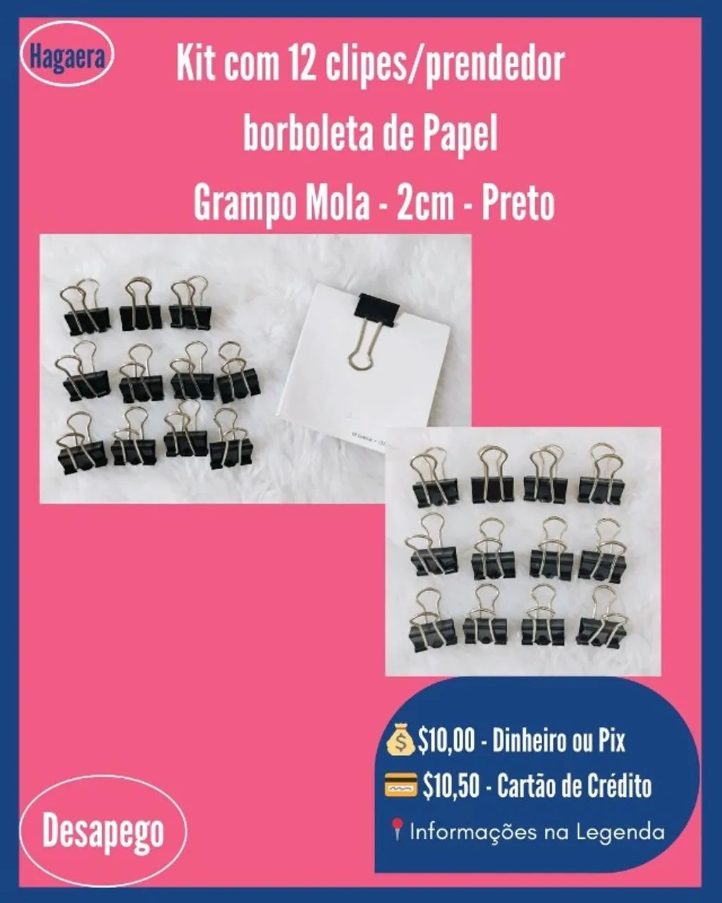 Novo: Kit 12 Clips Prendedor Borboleta De Papel Grampo Mola 2cm Preto