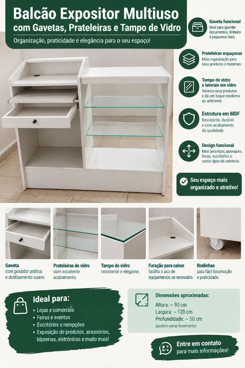Balcão Expositor Multiuso - Branco com Vidro e Gavetas - Foto 3