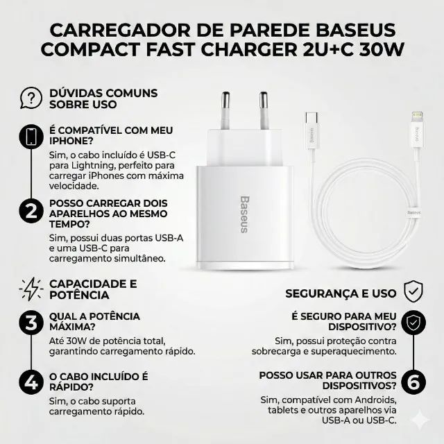 Carregador de Parede Baseus Compact Fast Charger 2U+C 30W - Foto 4