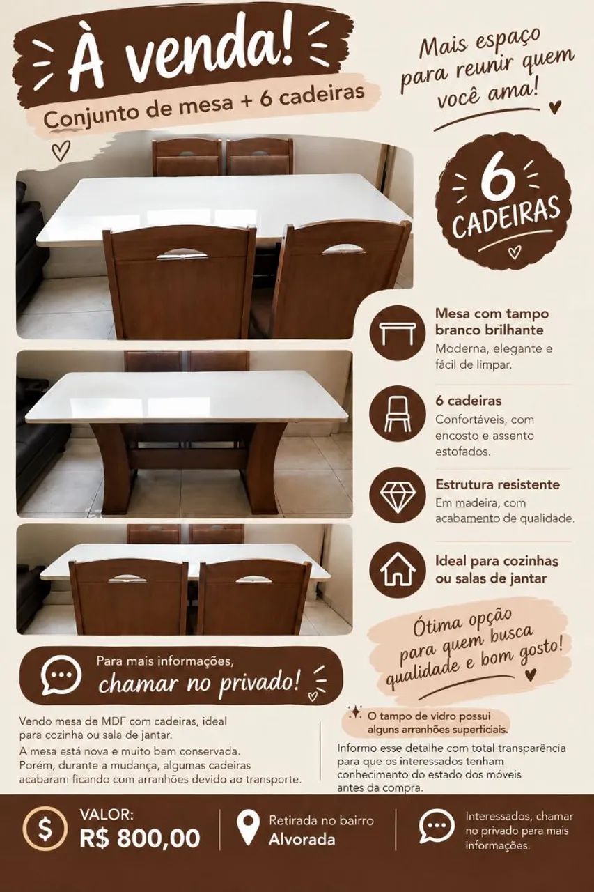 Conjunto de mesa com 6 lugares seminova