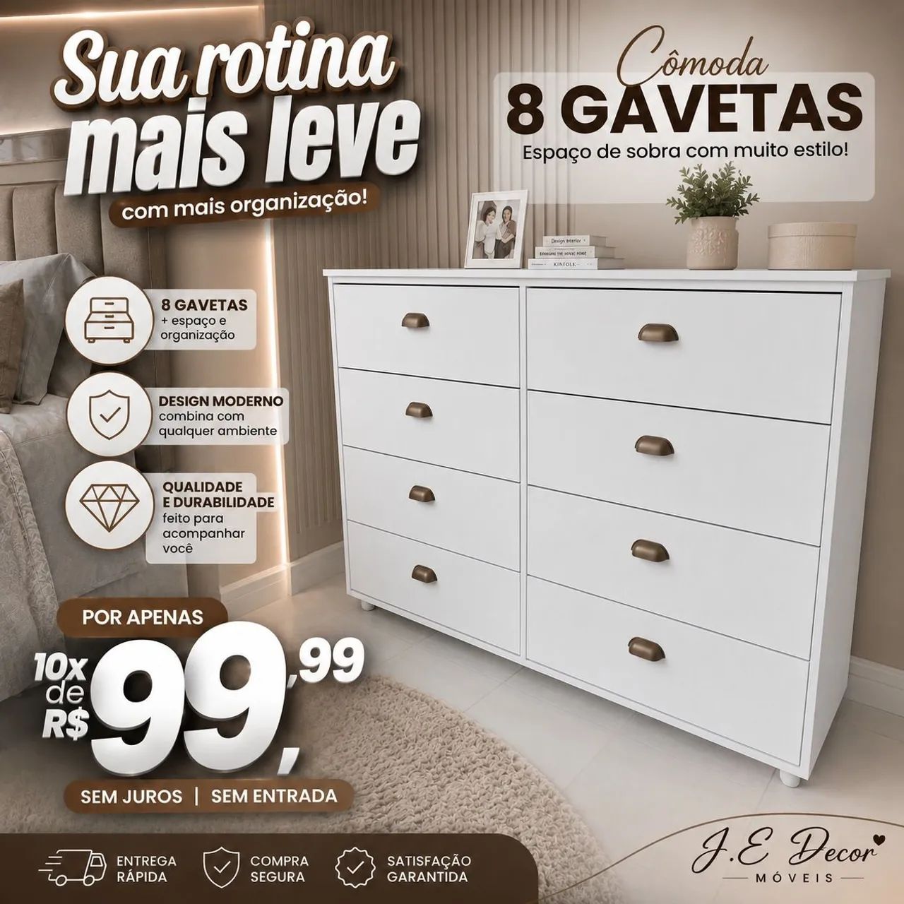 Cômodas em mdf com 8 gavetas 