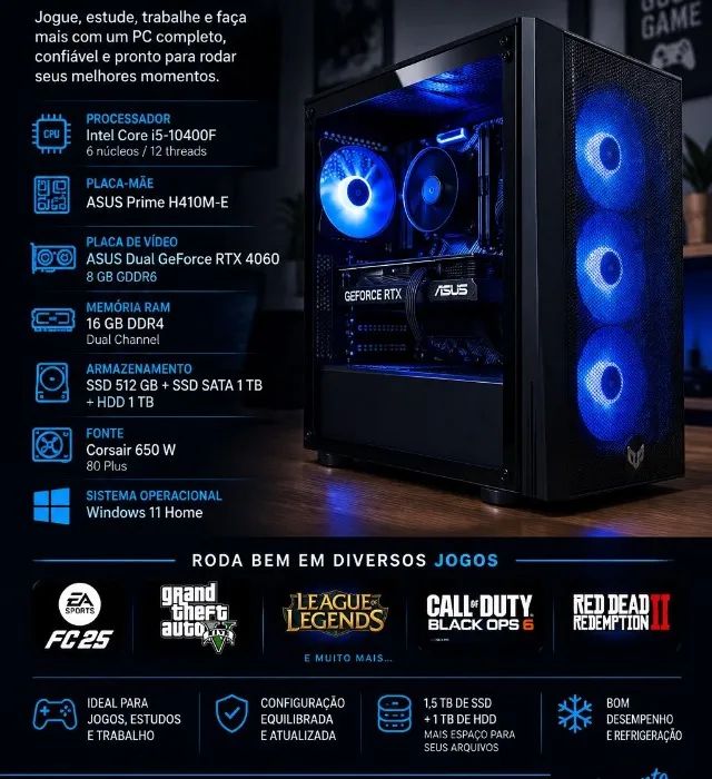 Pc Gamer I5 10400f + RTX 4060 + 16 gb de ram