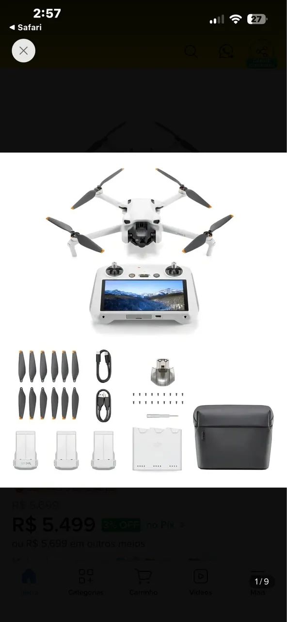 Drone DJI mini 3 com tela completo e 3 baterias + case 
