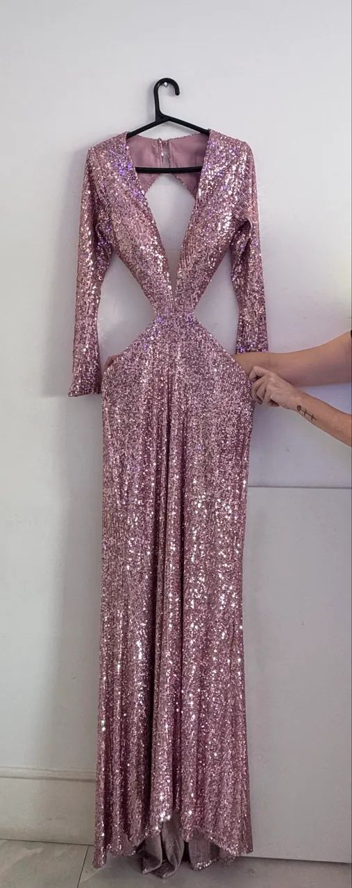 Vestido longo paetê rosa 