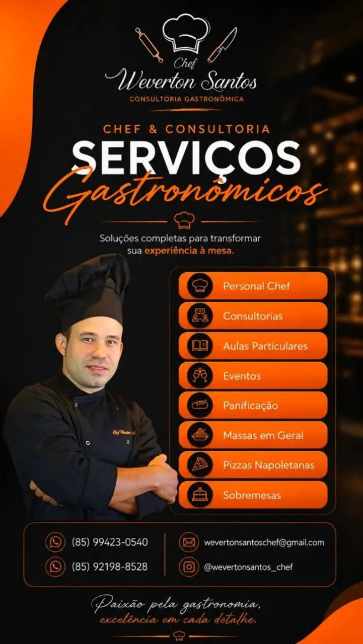 Chef de cozinha disponível para eventos e trabalho 
