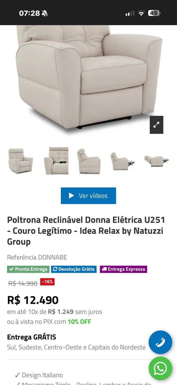 Poltrona Reclinável Donna Elétrica U251 - Couro Legítimo - Idea Relax by Natuzzi Group - Foto 4