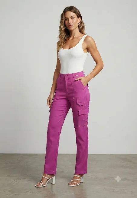 Calça Cargo Reta Rosa Pink com Bolsos Funcionais