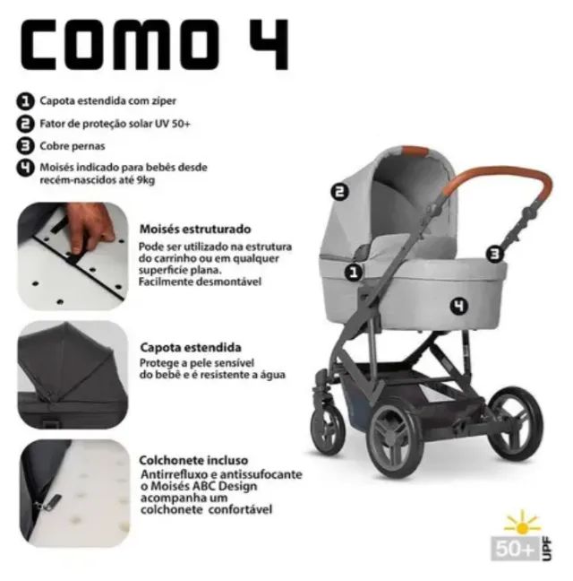Carrinho Abc Design Como 4 , Bebê Conforto , Moisés E Base Cor Cinza-claro - Foto 3