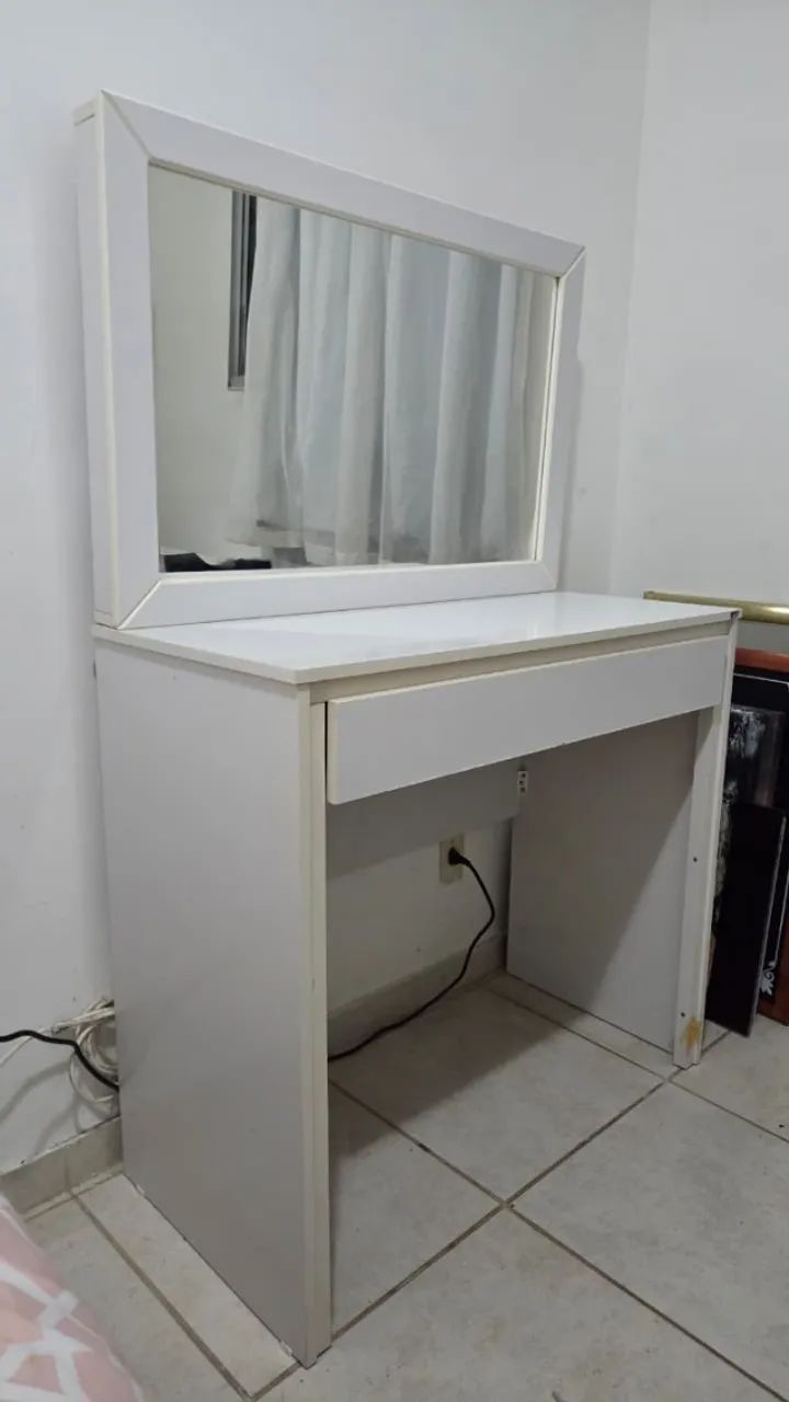 Penteadeira / Escrivaninha Branca com Espelho e 1 Gaveta