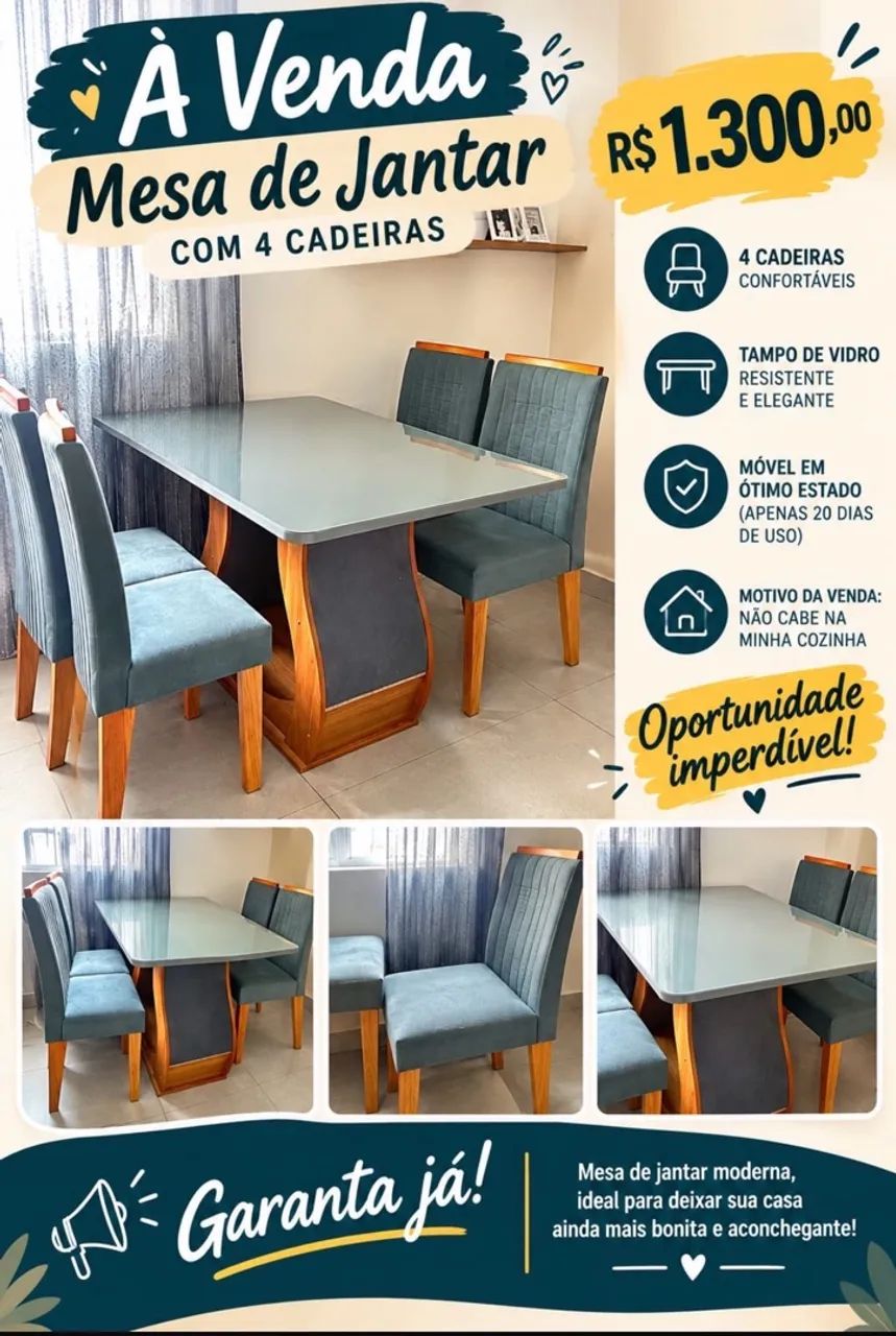 Mesa tampo de vidro 
